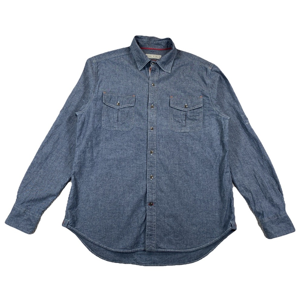 The Field Button Up Shirt Men's Large Blue Roll Up Sleeves Pockets Cotton